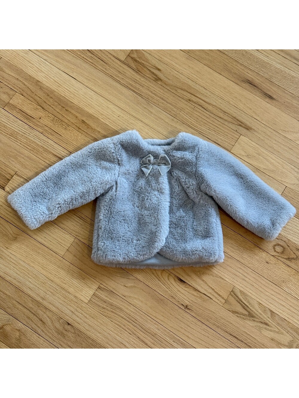 Matalan Girls Grey Faux Fur Coat 12-18 Months Satin Bow Holiday Jacket